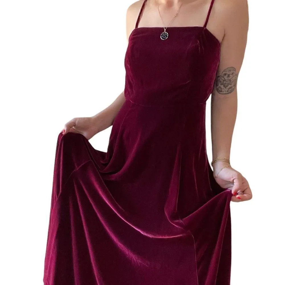 Vintage 1970s Womens Bonnie Strauss Red Crushed Velvet Square Neck Maxi Dress S - Picture 8 of 8